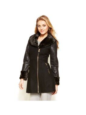 Guess Womens Wool Blend Black Faux Fur Trim Coat With Gold Zipper & Pockets L